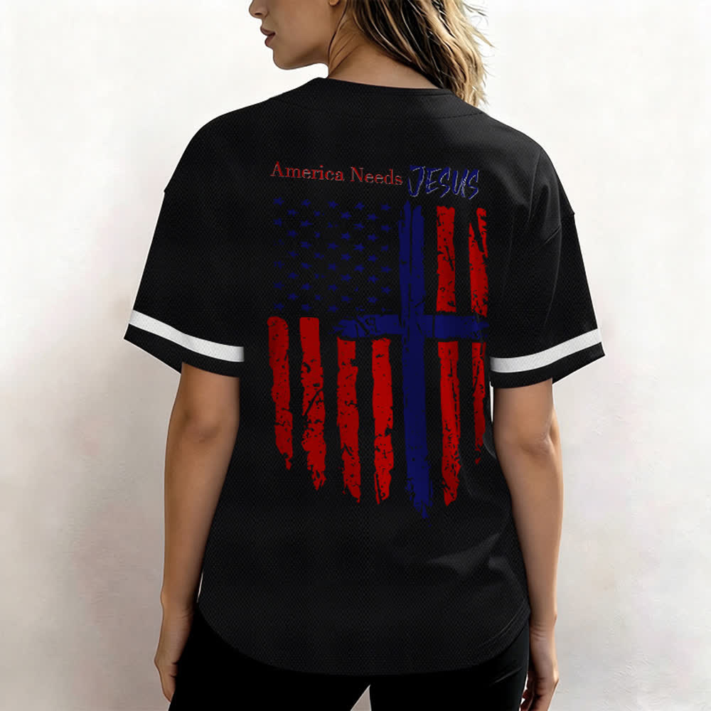 Christianartworkshop Patriotic Jesus Star Stripes Font Front Back Dual Print Black Cuff Baseball Jersey - image 13