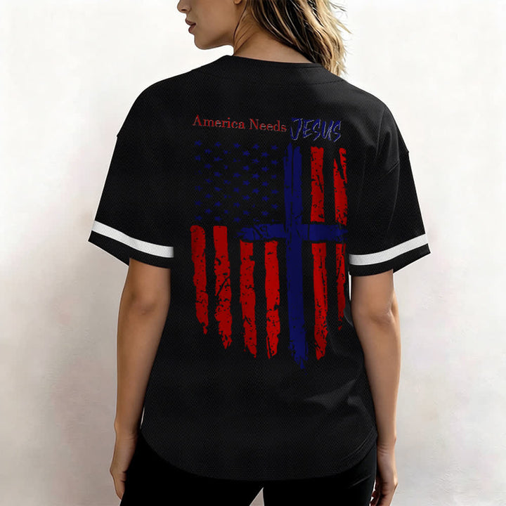 Christianartworkshop Patriotic Jesus Star Stripes Font Front Back Dual Print Black Cuff Baseball Jersey - image 13