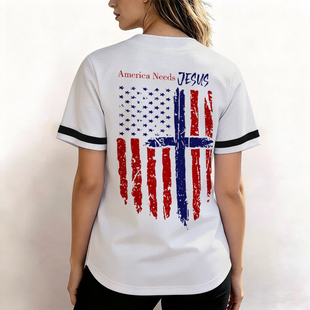 Christianartworkshop Patriotic Jesus Star Stripes Font Front Back Dual Print Black Cuff Baseball Jersey - image 6