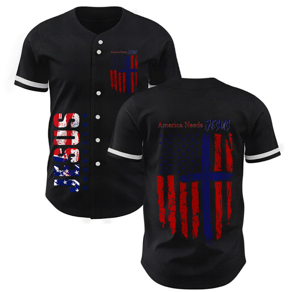 Christianartworkshop Patriotic Jesus Star Stripes Font Front Back Dual Print Black Cuff Baseball Jersey - Black - 5XL - image 7