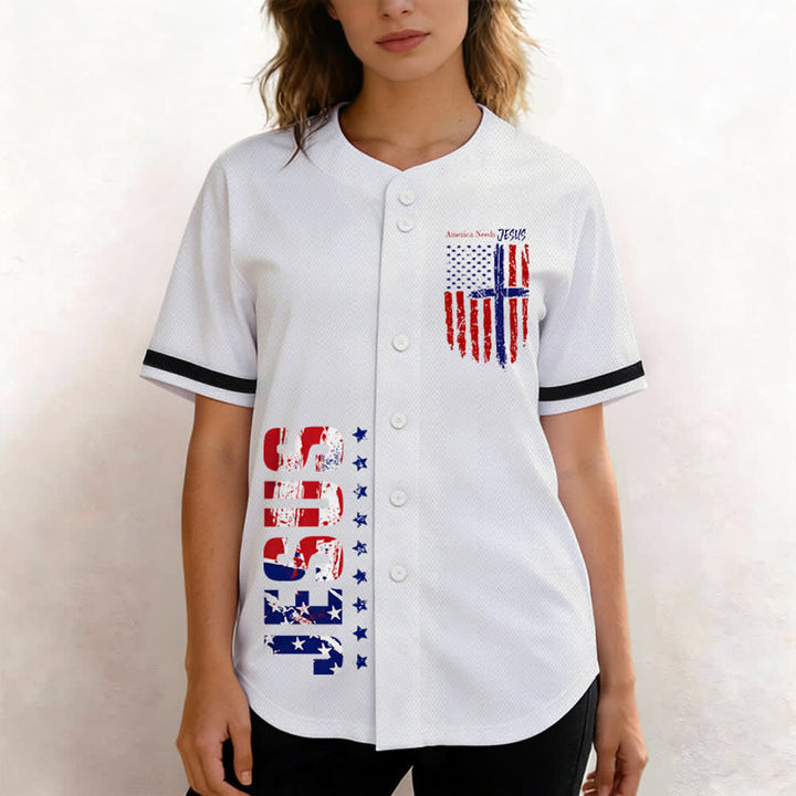 Christianartworkshop Patriotic Jesus Star Stripes Font Front Back Dual Print Black Cuff Baseball Jersey - image 5
