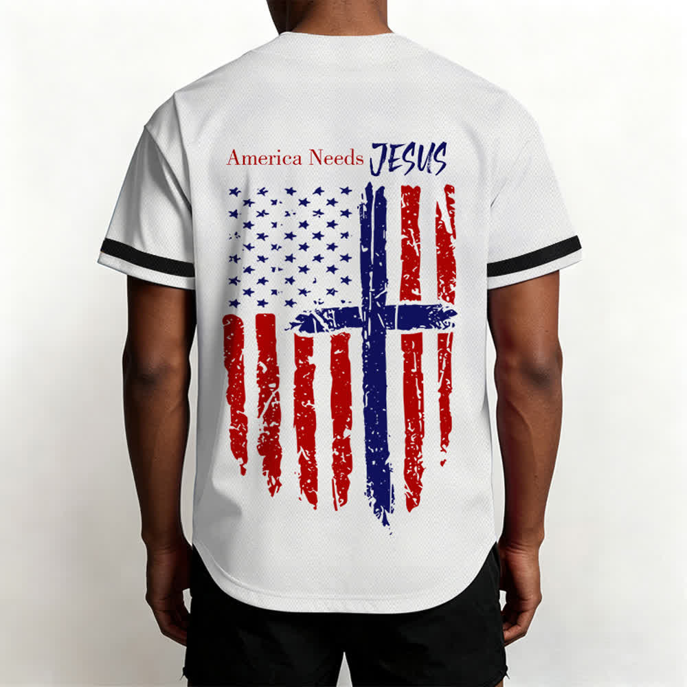 Christianartworkshop Patriotic Jesus Star Stripes Font Front Back Dual Print Black Cuff Baseball Jersey - image 4