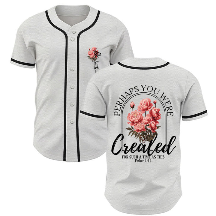 Christianartworkshop "Perhaps You Were Created For Such A Time As This" Esther 4:14 Peony Faith Print Button-Up Baseball Jersey - White - 5XL - image 0