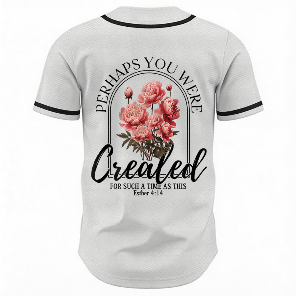 Christianartworkshop "Perhaps You Were Created For Such A Time As This" Esther 4:14 Peony Faith Print Button-Up Baseball Jersey - image 1