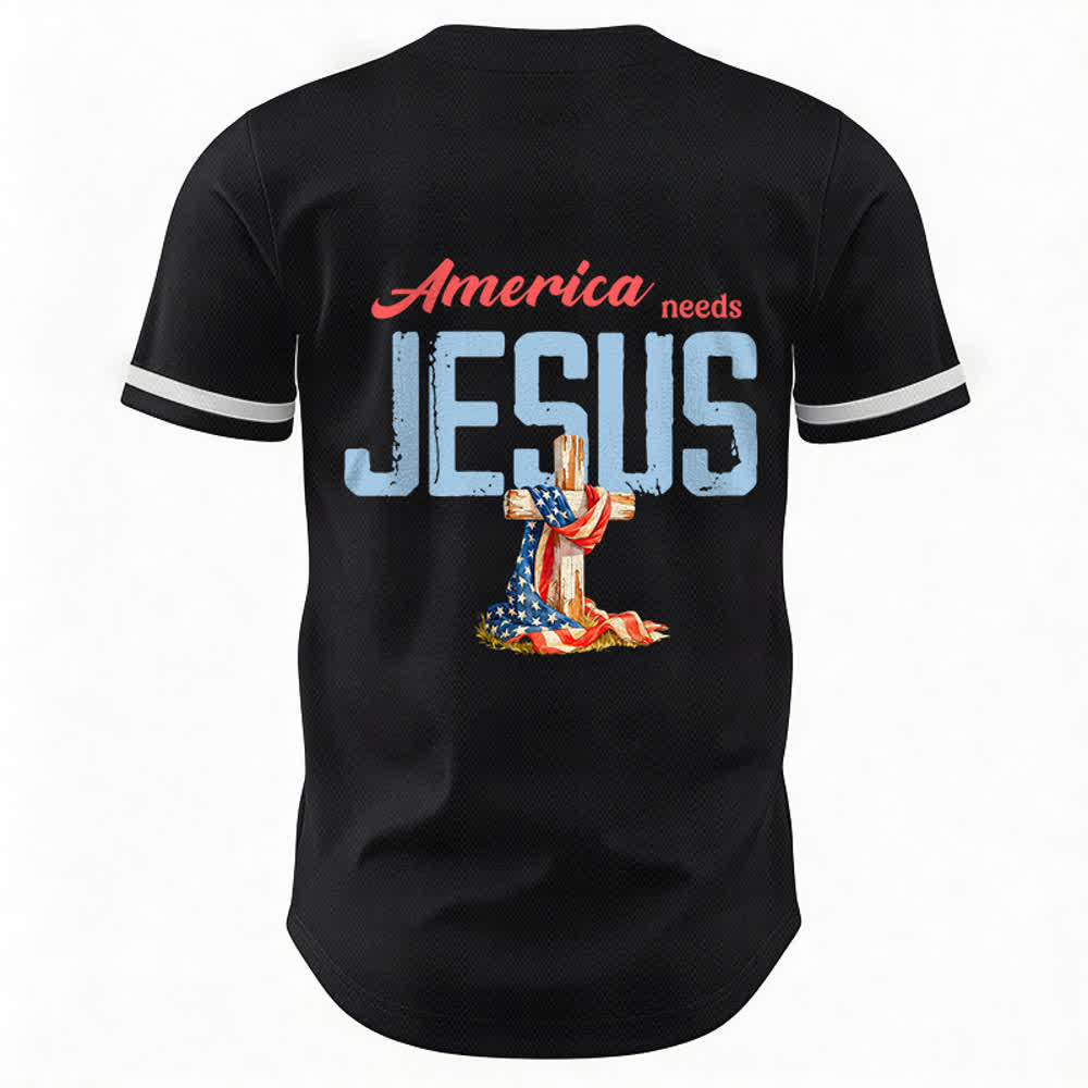 Christianartworkshop "America Needs Jesus" USA Flag Wrapped Cross Front Pocket Logo Button-Up Baseball Jersey - image 1