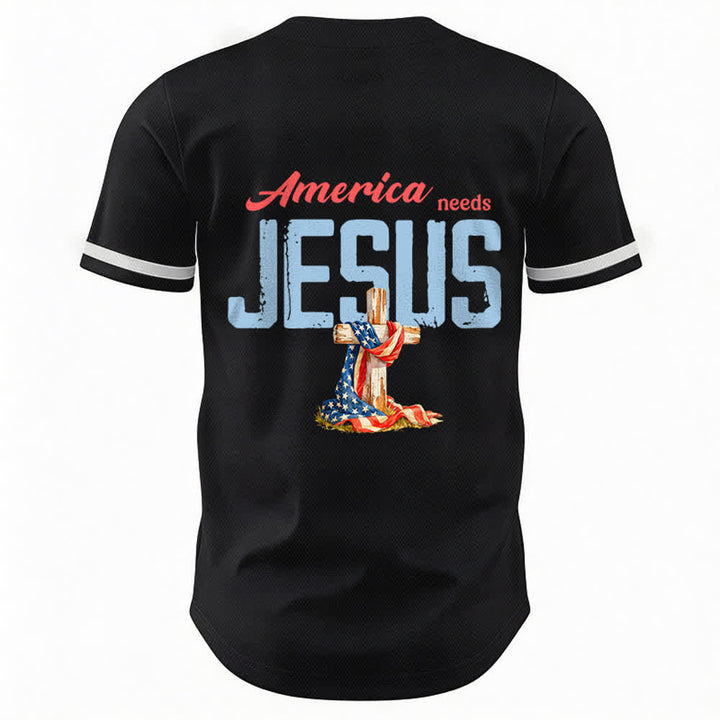 Christianartworkshop "America Needs Jesus" USA Flag Wrapped Cross Front Pocket Logo Button-Up Baseball Jersey - image 1