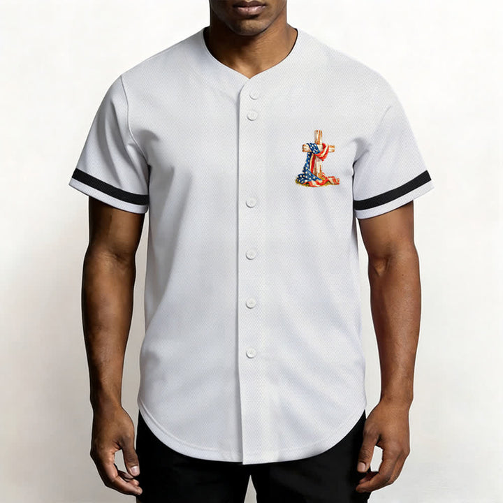 Christianartworkshop "America Needs Jesus" USA Flag Wrapped Cross Front Pocket Logo Button-Up Baseball Jersey - image 11