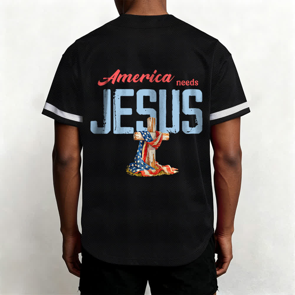 Christianartworkshop "America Needs Jesus" USA Flag Wrapped Cross Front Pocket Logo Button-Up Baseball Jersey - image 3