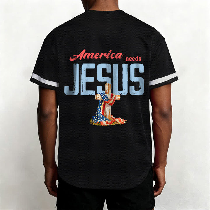Christianartworkshop "America Needs Jesus" USA Flag Wrapped Cross Front Pocket Logo Button-Up Baseball Jersey - image 3