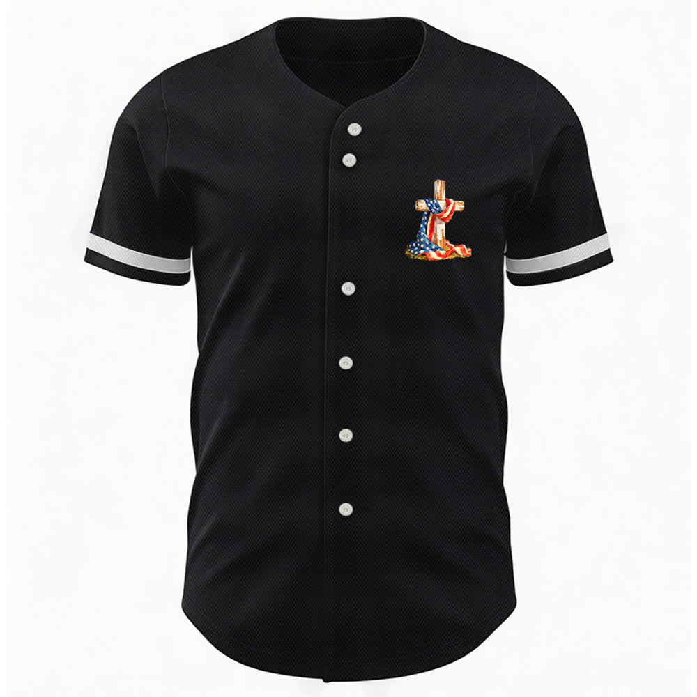 Christianartworkshop "America Needs Jesus" USA Flag Wrapped Cross Front Pocket Logo Button-Up Baseball Jersey - image 2