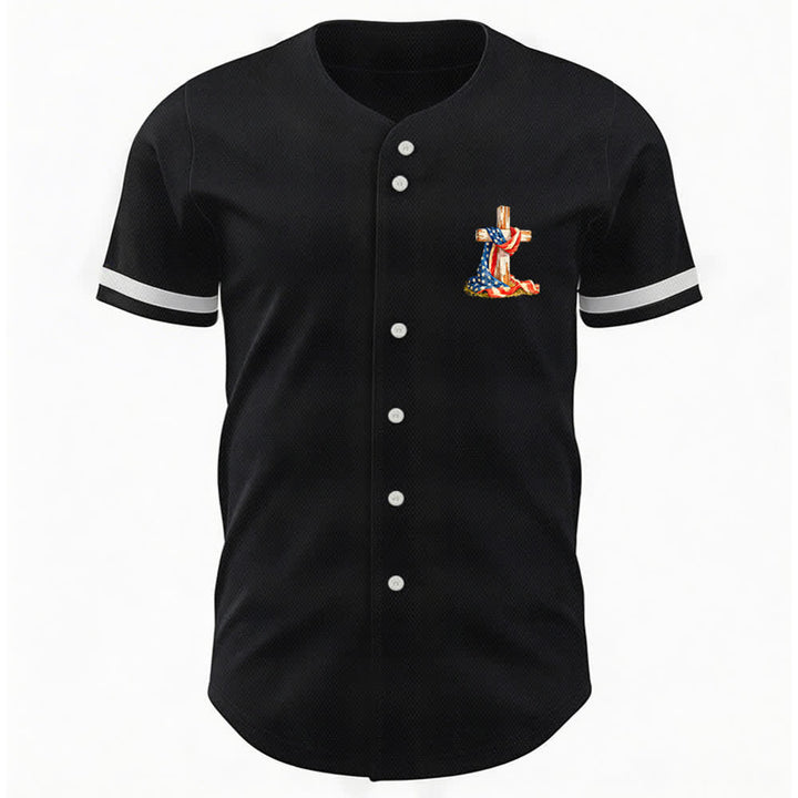 Christianartworkshop "America Needs Jesus" USA Flag Wrapped Cross Front Pocket Logo Button-Up Baseball Jersey - image 2