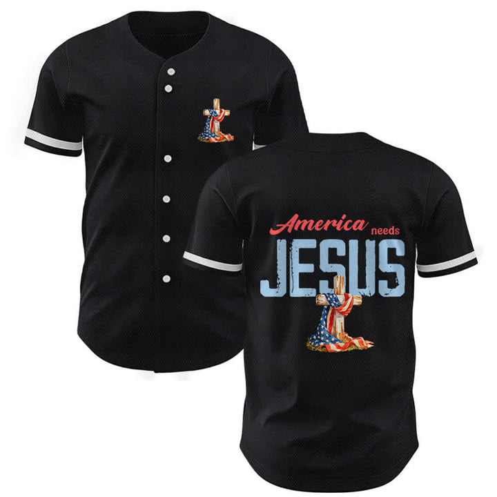 Christianartworkshop "America Needs Jesus" USA Flag Wrapped Cross Front Pocket Logo Button-Up Baseball Jersey - Black - 5XL - image 0