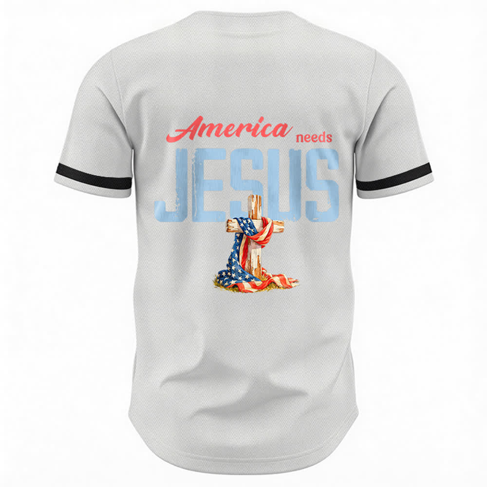 Christianartworkshop "America Needs Jesus" USA Flag Wrapped Cross Front Pocket Logo Button-Up Baseball Jersey - image 8