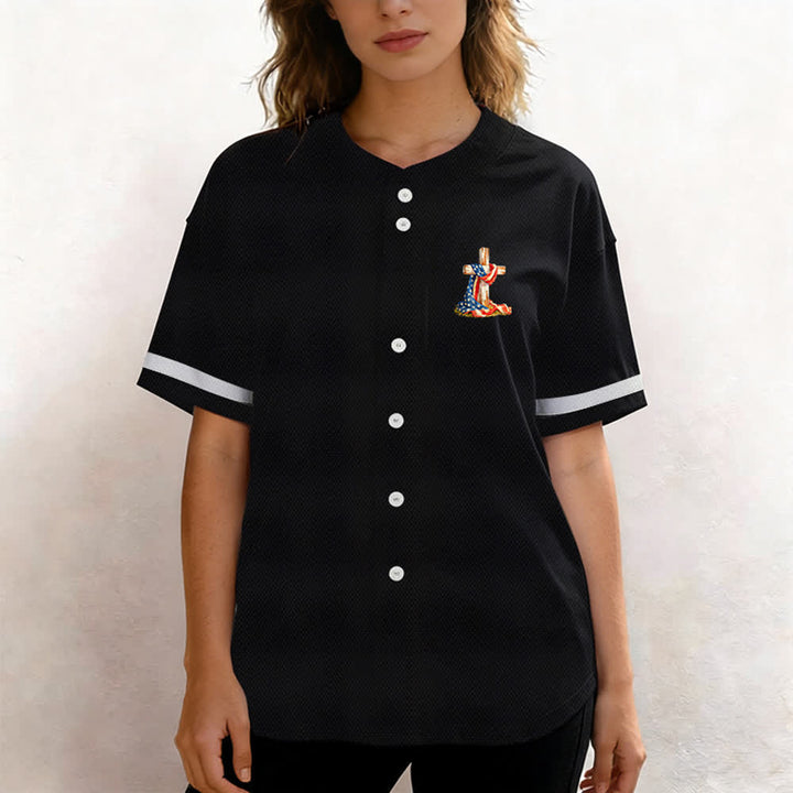 Christianartworkshop "America Needs Jesus" USA Flag Wrapped Cross Front Pocket Logo Button-Up Baseball Jersey - image 6