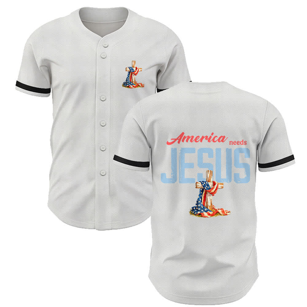 Christianartworkshop "America Needs Jesus" USA Flag Wrapped Cross Front Pocket Logo Button-Up Baseball Jersey - White - 5XL - image 7