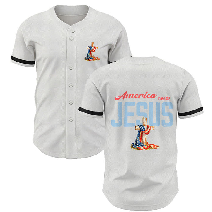 Christianartworkshop "America Needs Jesus" USA Flag Wrapped Cross Front Pocket Logo Button-Up Baseball Jersey - White - 5XL - image 7