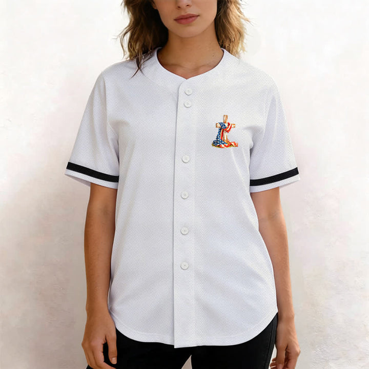 Christianartworkshop "America Needs Jesus" USA Flag Wrapped Cross Front Pocket Logo Button-Up Baseball Jersey - image 13