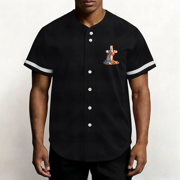 Christianartworkshop "America Needs Jesus" USA Flag Wrapped Cross Front Pocket Logo Button-Up Baseball Jersey - image 4