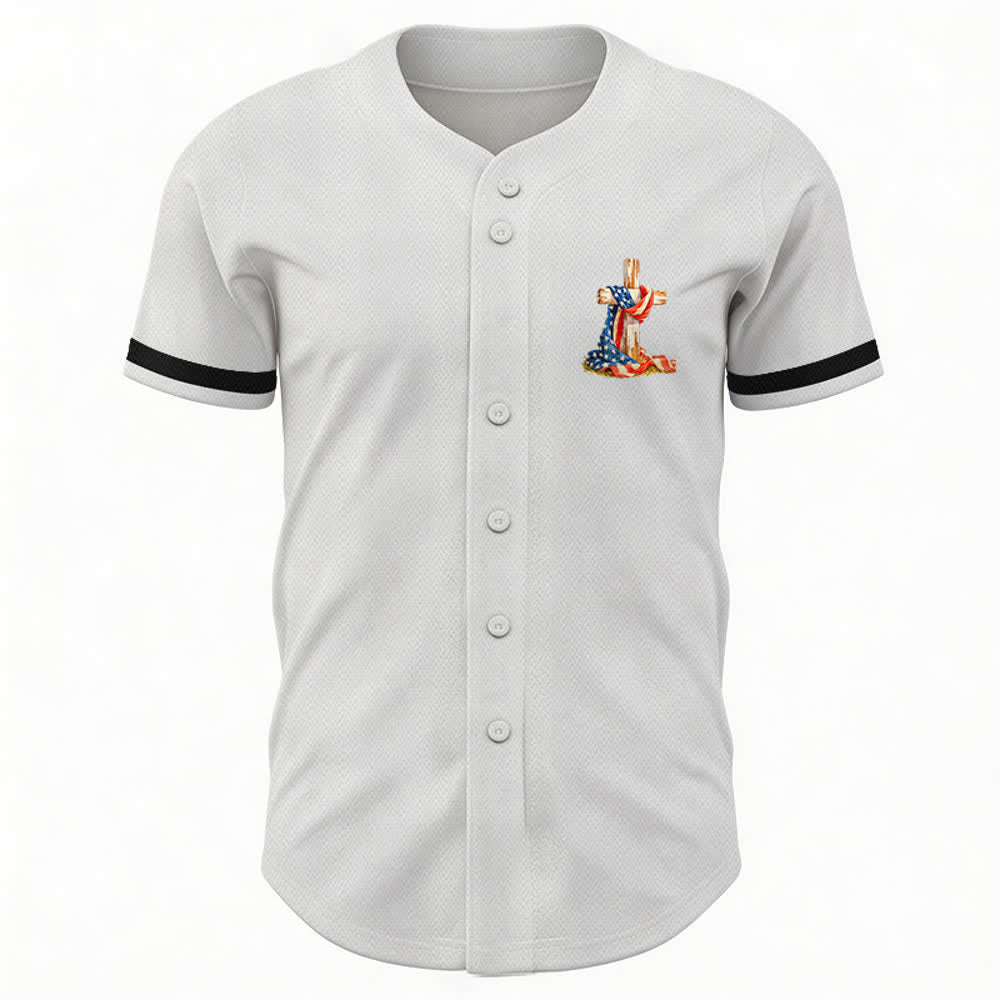 Christianartworkshop "America Needs Jesus" USA Flag Wrapped Cross Front Pocket Logo Button-Up Baseball Jersey - image 9