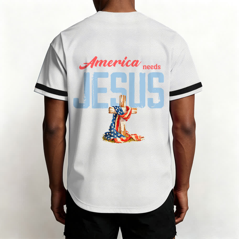 Christianartworkshop "America Needs Jesus" USA Flag Wrapped Cross Front Pocket Logo Button-Up Baseball Jersey - image 10