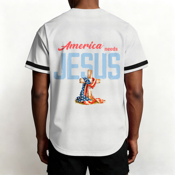 Christianartworkshop "America Needs Jesus" USA Flag Wrapped Cross Front Pocket Logo Button-Up Baseball Jersey - image 10