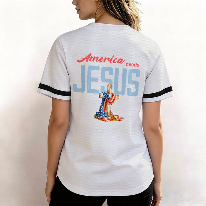 Christianartworkshop "America Needs Jesus" USA Flag Wrapped Cross Front Pocket Logo Button-Up Baseball Jersey - image 12