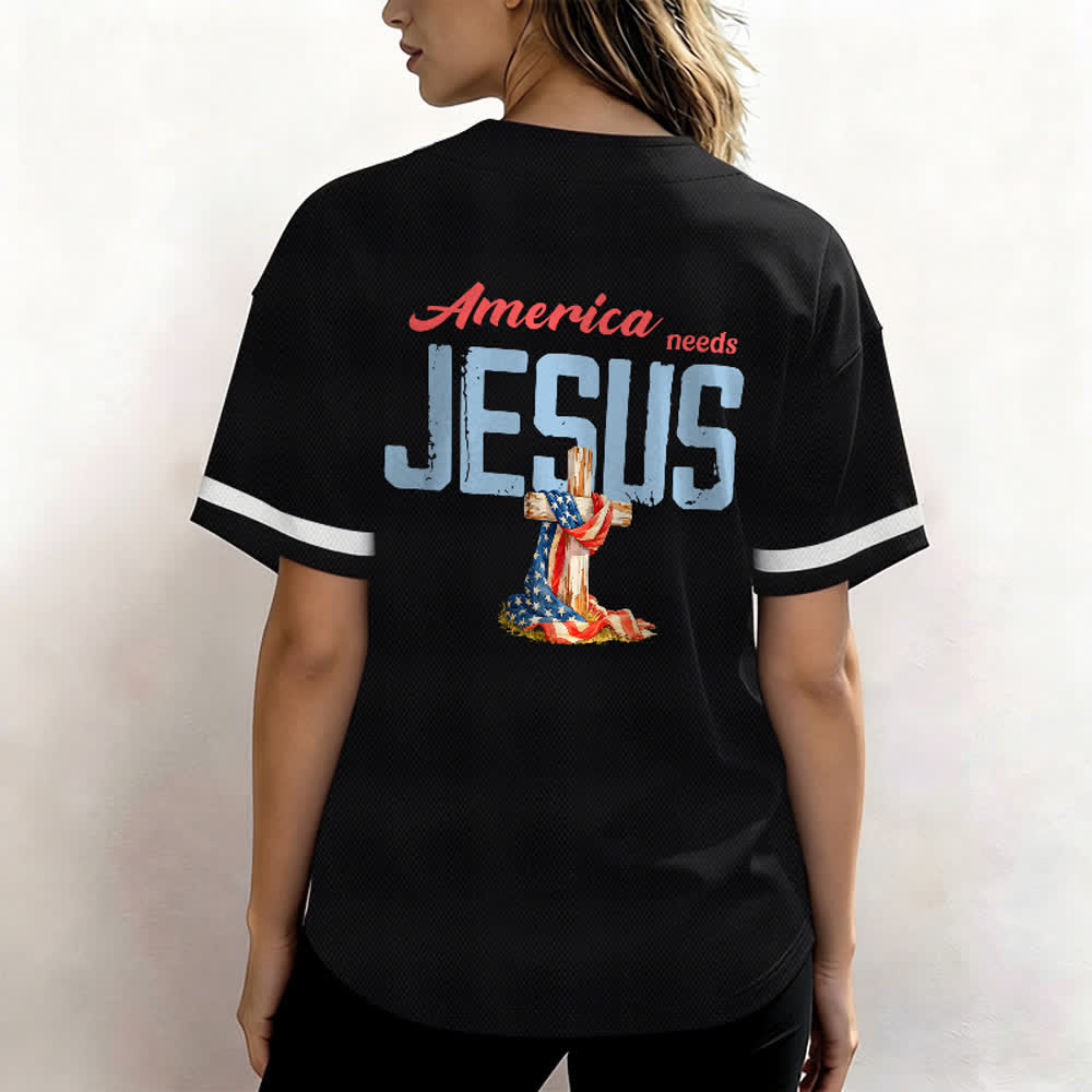 Christianartworkshop "America Needs Jesus" USA Flag Wrapped Cross Front Pocket Logo Button-Up Baseball Jersey - image 5