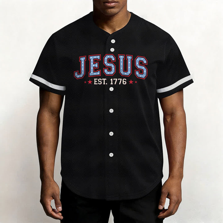 Christianartworkshop Jesus EST.1776 America Faith Freedom & Family USA Flag Print Button-Up Baseball Jersey - image 4