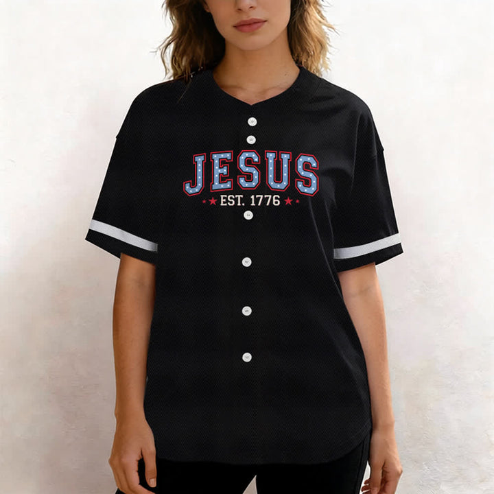 Christianartworkshop Jesus EST.1776 America Faith Freedom & Family USA Flag Print Button-Up Baseball Jersey - image 6
