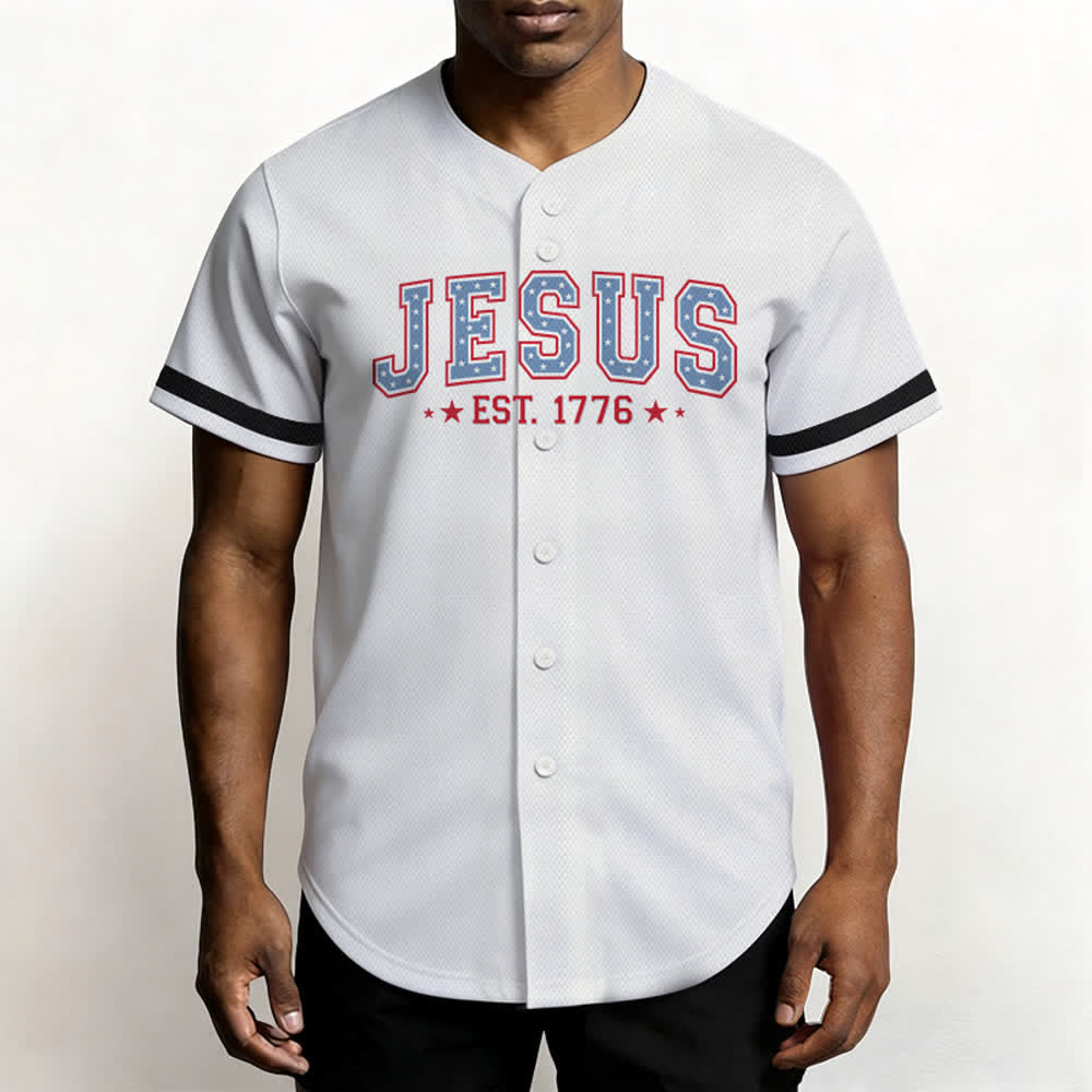Christianartworkshop Jesus EST.1776 America Faith Freedom & Family USA Flag Print Button-Up Baseball Jersey - image 11