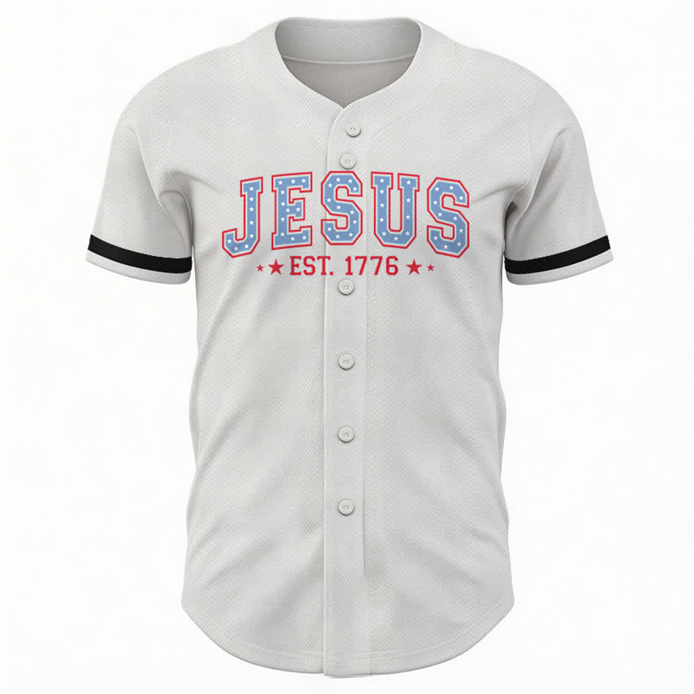 Christianartworkshop Jesus EST.1776 America Faith Freedom & Family USA Flag Print Button-Up Baseball Jersey - image 9