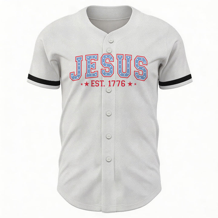 Christianartworkshop Jesus EST.1776 America Faith Freedom & Family USA Flag Print Button-Up Baseball Jersey - image 9