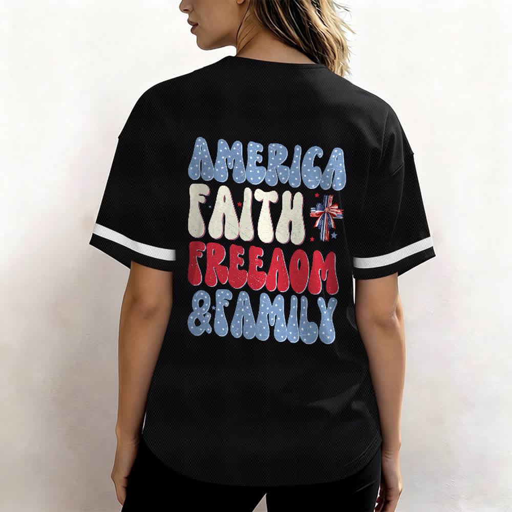 Christianartworkshop Jesus EST.1776 America Faith Freedom & Family USA Flag Print Button-Up Baseball Jersey - image 5