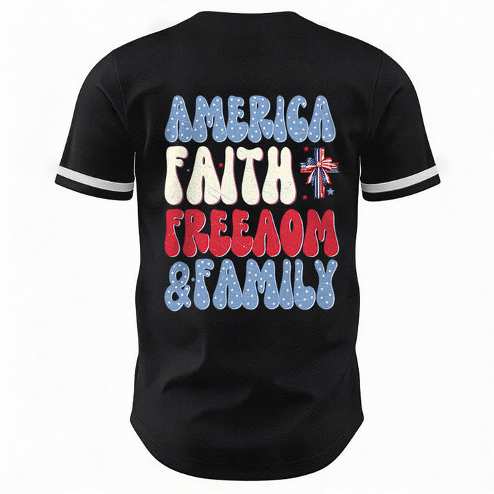 Christianartworkshop Jesus EST.1776 America Faith Freedom & Family USA Flag Print Button-Up Baseball Jersey - image 1