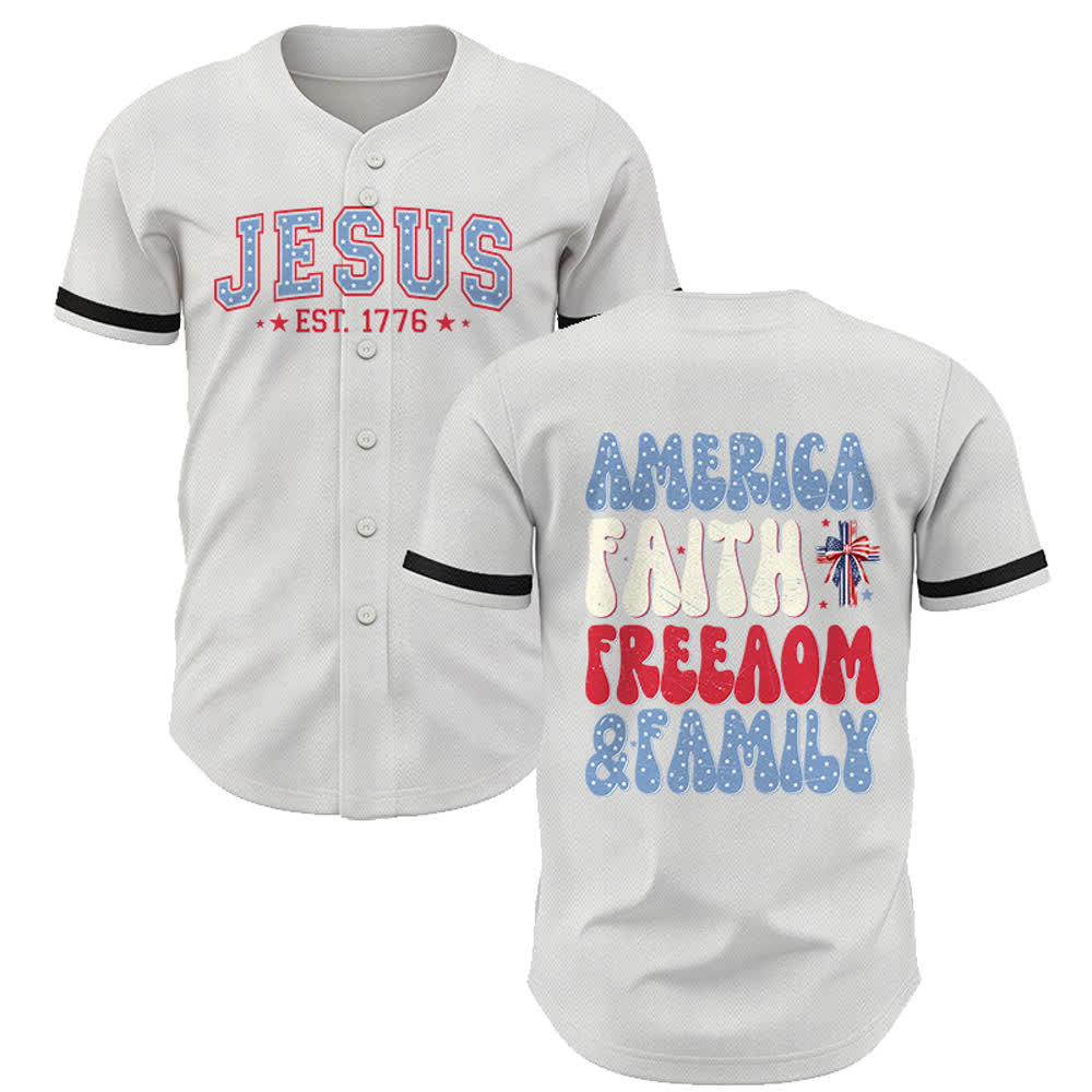 Christianartworkshop Jesus EST.1776 America Faith Freedom & Family USA Flag Print Button-Up Baseball Jersey - White - 5XL - image 7