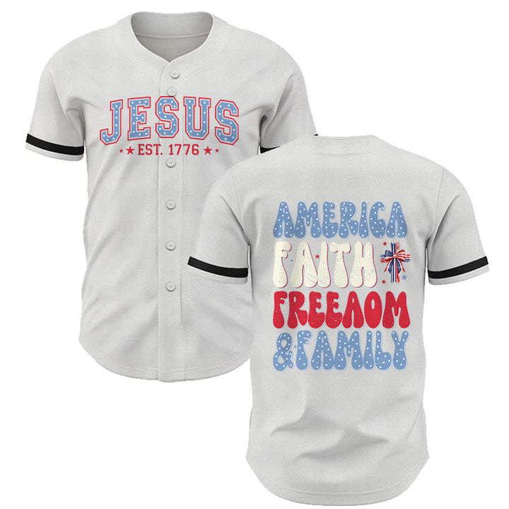 Christianartworkshop Jesus EST.1776 America Faith Freedom & Family USA Flag Print Button-Up Baseball Jersey - White - 5XL - image 7