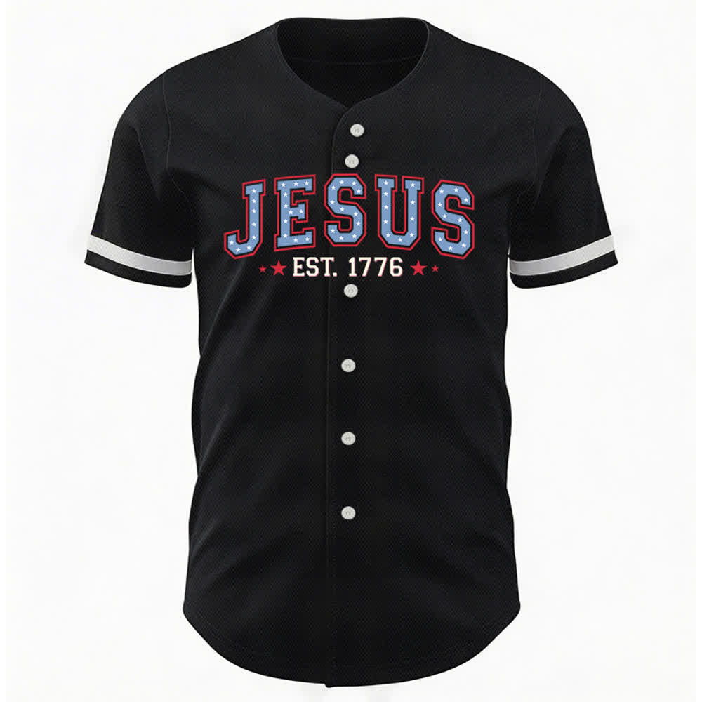 Christianartworkshop Jesus EST.1776 America Faith Freedom & Family USA Flag Print Button-Up Baseball Jersey - image 2