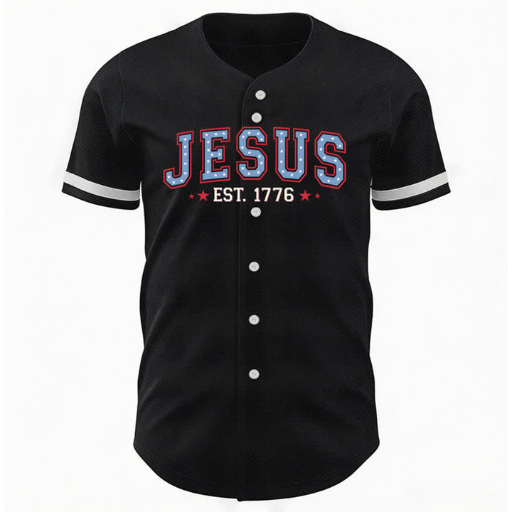 Christianartworkshop Jesus EST.1776 America Faith Freedom & Family USA Flag Print Button-Up Baseball Jersey - image 2