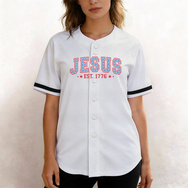 Christianartworkshop Jesus EST.1776 America Faith Freedom & Family USA Flag Print Button-Up Baseball Jersey - image 13