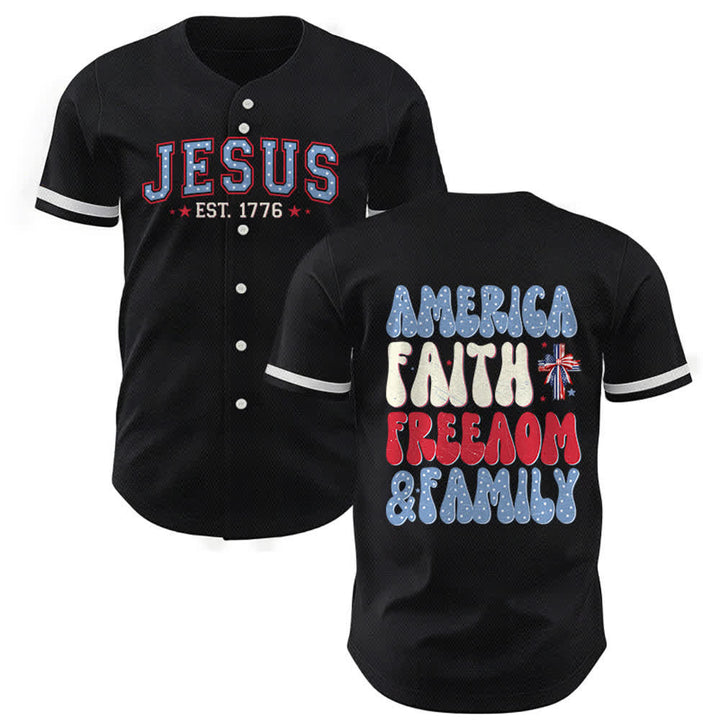 Christianartworkshop Jesus EST.1776 America Faith Freedom & Family USA Flag Print Button-Up Baseball Jersey - Black - 5XL - image 0