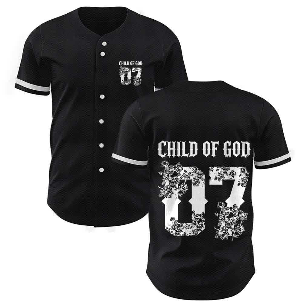 Christianartworkshop "Child Of God" Floral Filled Number 07 Button-Up Baseball Jersey - Black - 5XL - image 0
