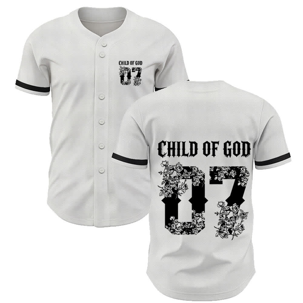 Christianartworkshop "Child Of God" Floral Filled Number 07 Button-Up Baseball Jersey - White - 5XL - image 7