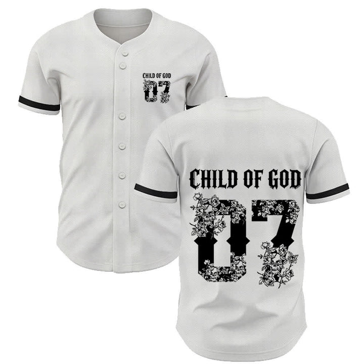 Christianartworkshop "Child Of God" Floral Filled Number 07 Button-Up Baseball Jersey - White - 5XL - image 7