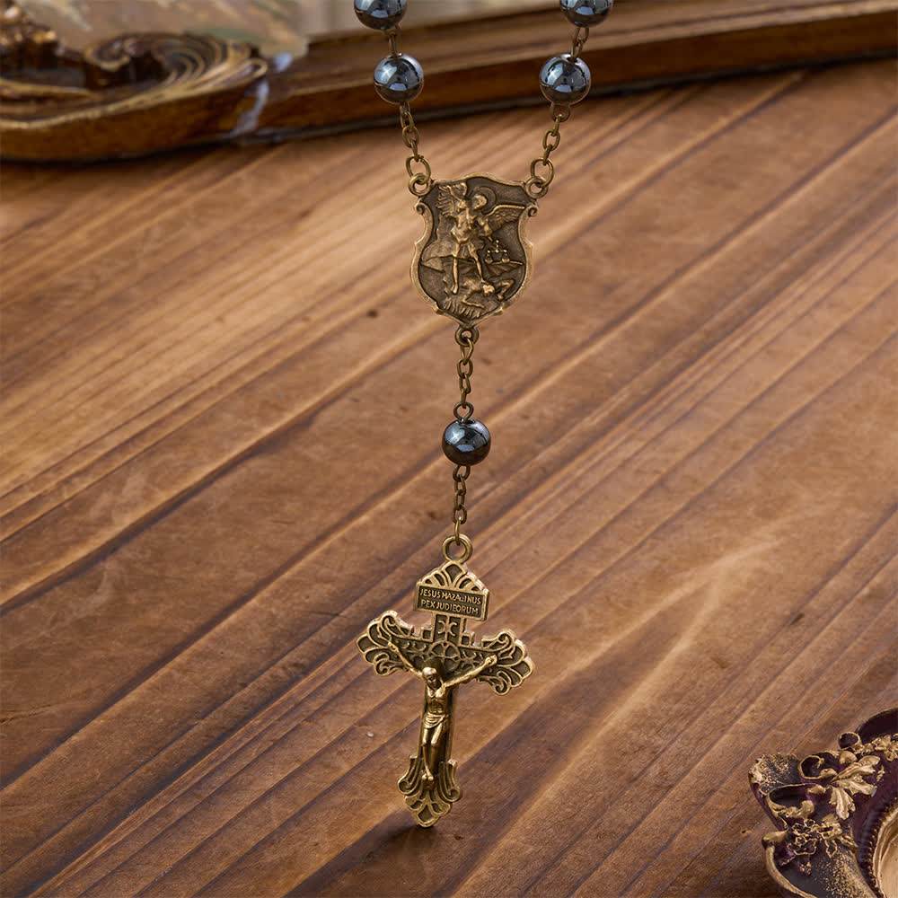 Christianartworkshop Hematite Bead Car Pendant with St. Michael Medal & Crucifix: A Gift of Heavenly Protection & Strength - image 8