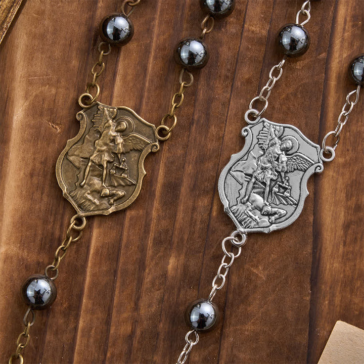 Christianartworkshop Hematite Bead Car Pendant with St. Michael Medal & Crucifix: A Gift of Heavenly Protection & Strength - image 3