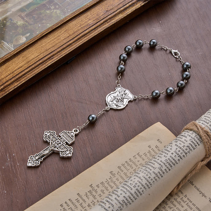 Christianartworkshop Hematite Bead Car Pendant with St. Michael Medal & Crucifix: A Gift of Heavenly Protection & Strength - image 15
