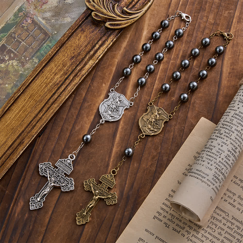Christianartworkshop Hematite Bead Car Pendant with St. Michael Medal & Crucifix: A Gift of Heavenly Protection & Strength - image 1