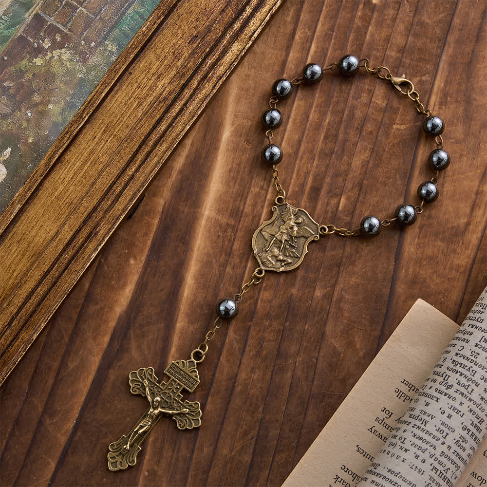 Christianartworkshop Hematite Bead Car Pendant with St. Michael Medal & Crucifix: A Gift of Heavenly Protection & Strength - image 6