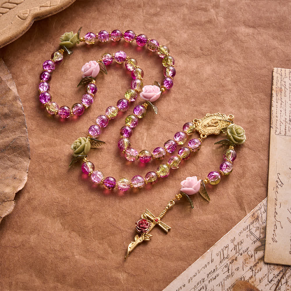 FREE Today: Pink & Green Crackle Faceted Glass Bead Rose Floral Our Lady Cross Rosary - image 5