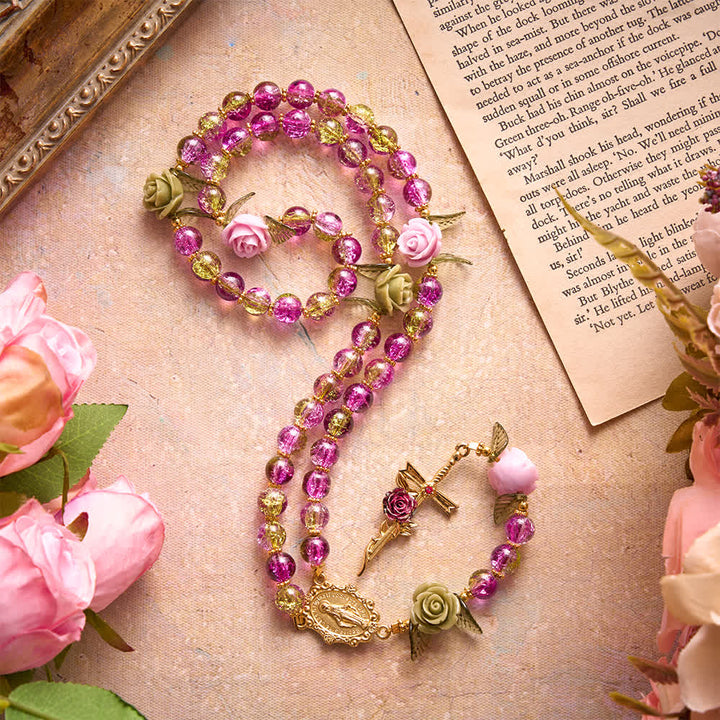 FREE Today: Pink & Green Crackle Faceted Glass Bead Rose Floral Our Lady Cross Rosary - Pink & Green Beads Rosary - image 0
